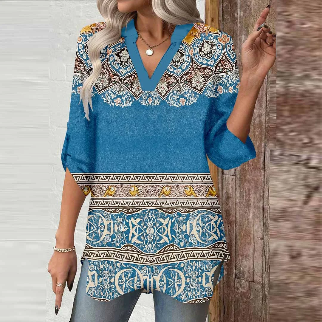 Women Retro,Apricot,Blue DZGA0733 3/4 Sleeve V-neck Printed Graphic Button Tops