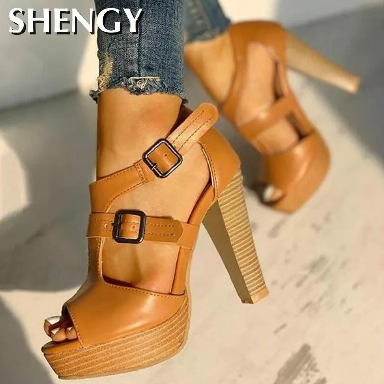 SHENGY 2020 Summer Women Shoes Fashion High Heel Shoes Sandals Peep Toe Platform Pumps Buckle Pumps Shoes Office