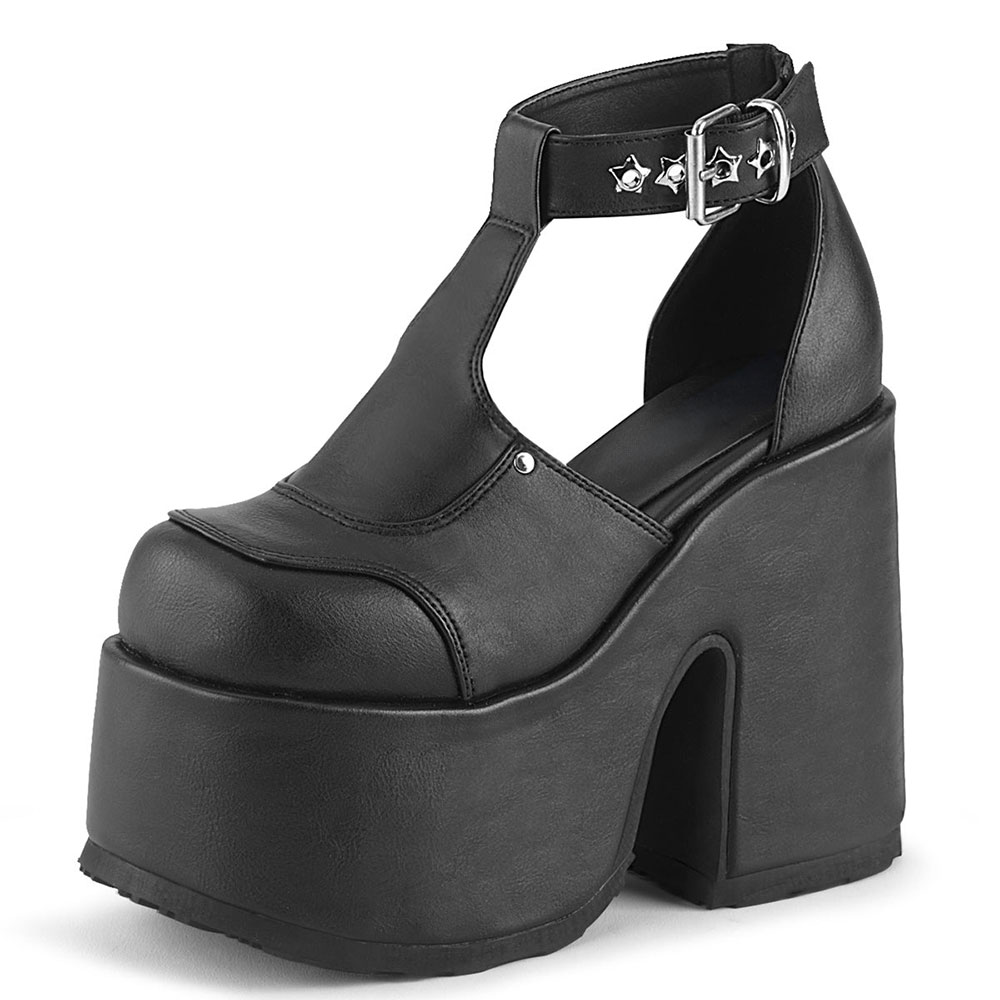 Black T-Strap Closed Round Toe Star Eyelets Strap Platform Sandals Nicepairs