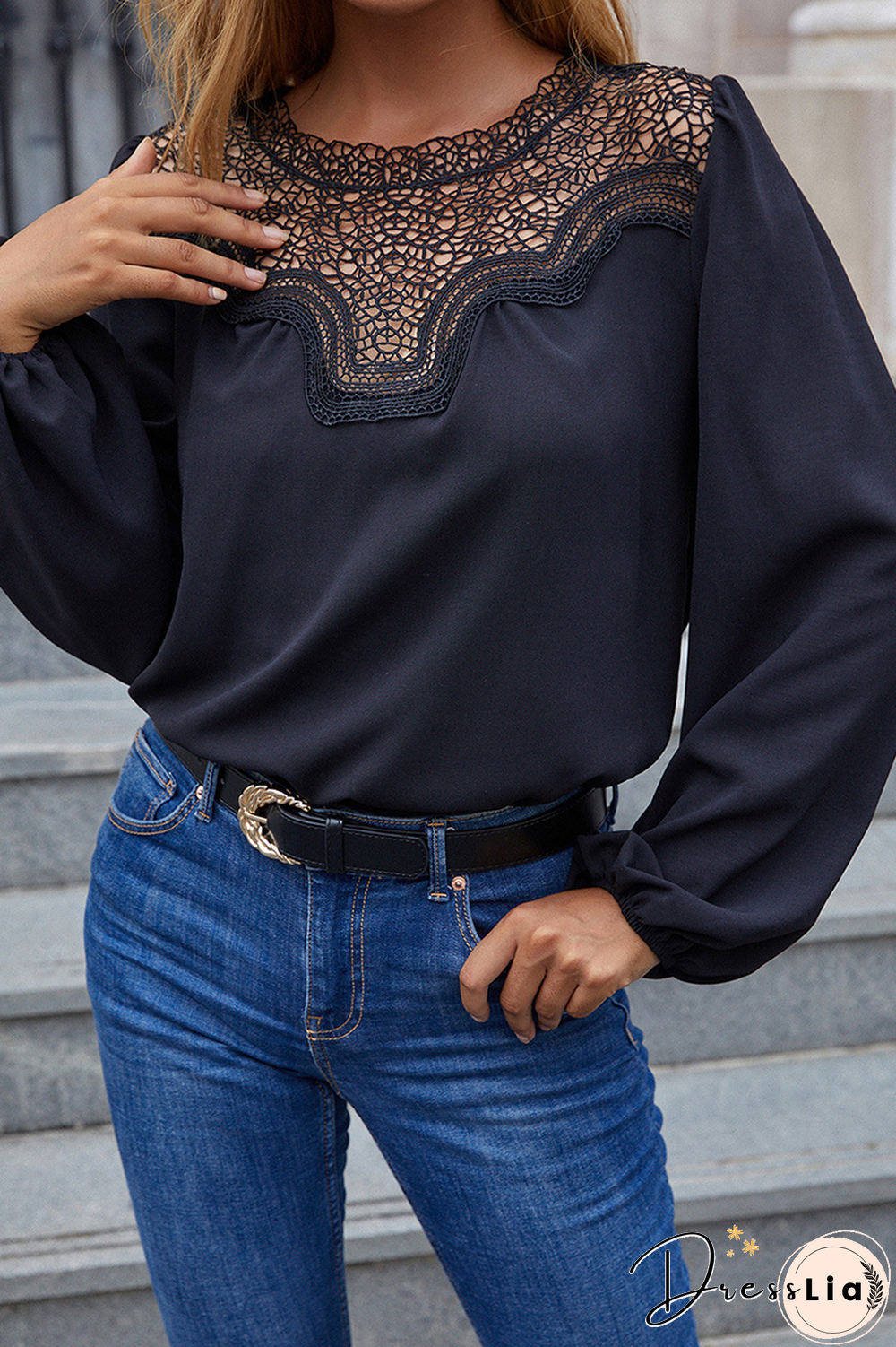 Casual Solid Lace Hollowed Out Split Joint O Neck Tops