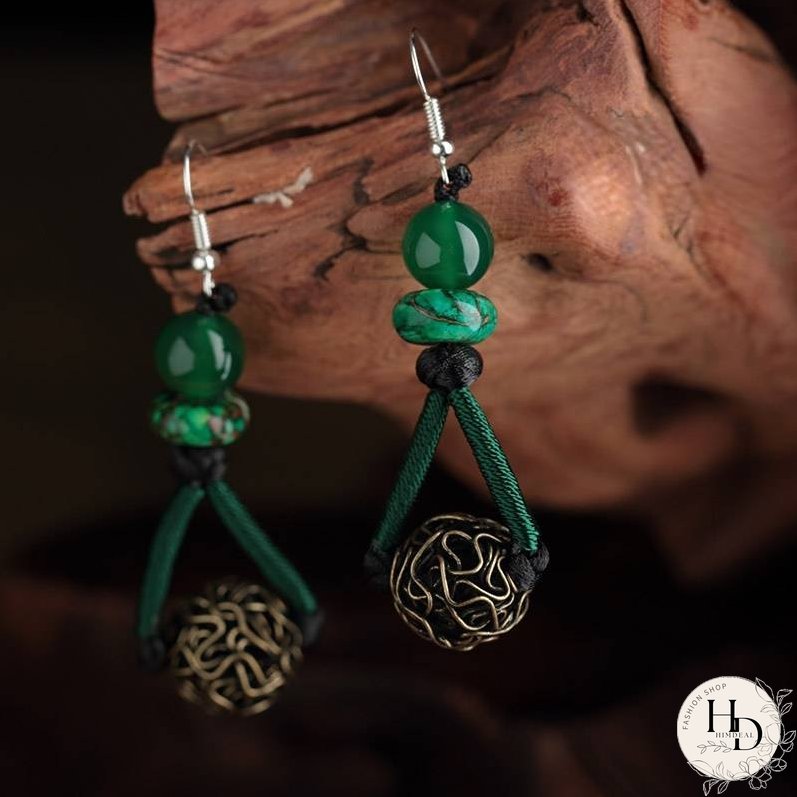 Ethnic style earrings green earrings women's vintage style sterling silver premium sense earrings