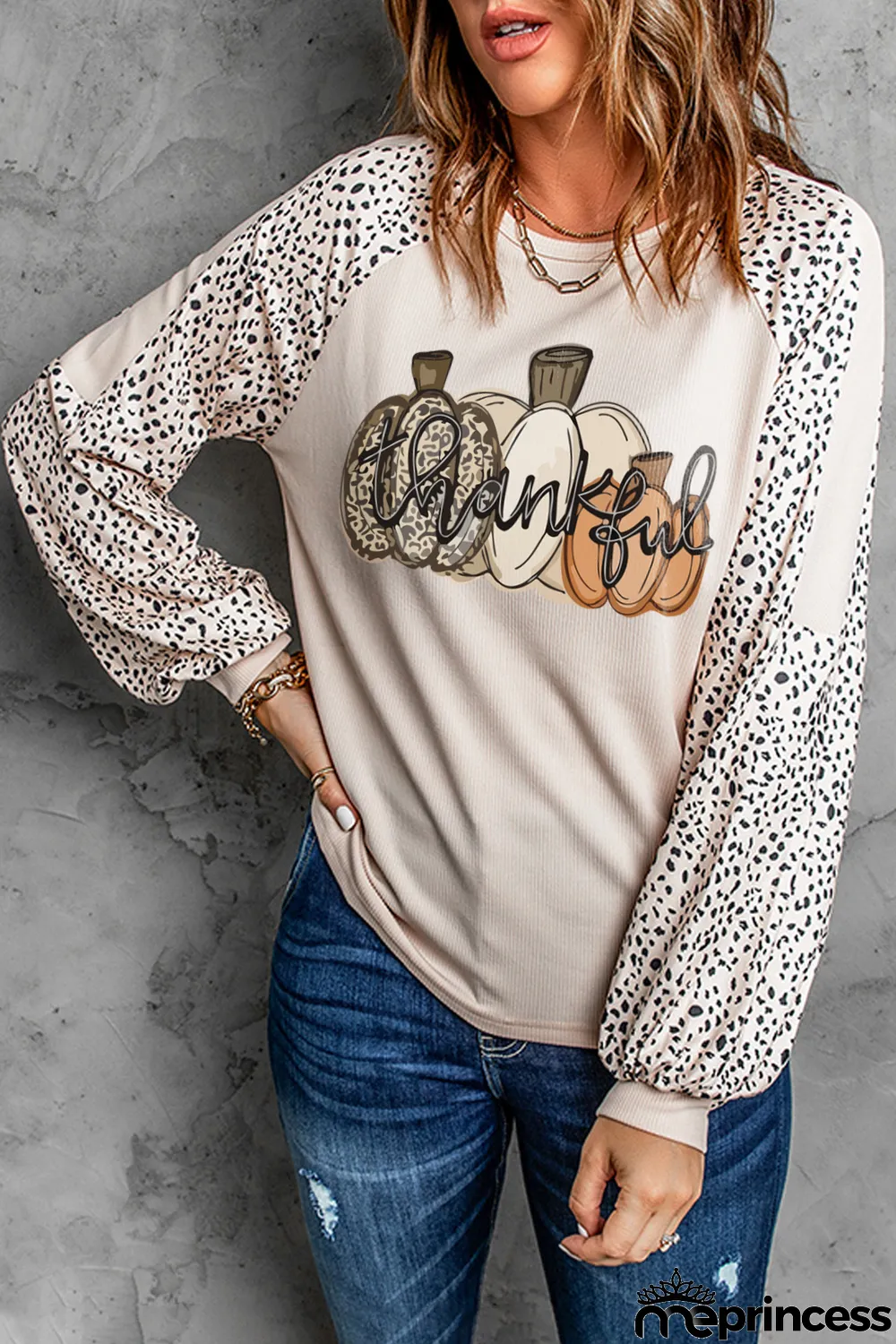 Khaki Thankful Pumpkin Leopard Print Long Sleeve Top