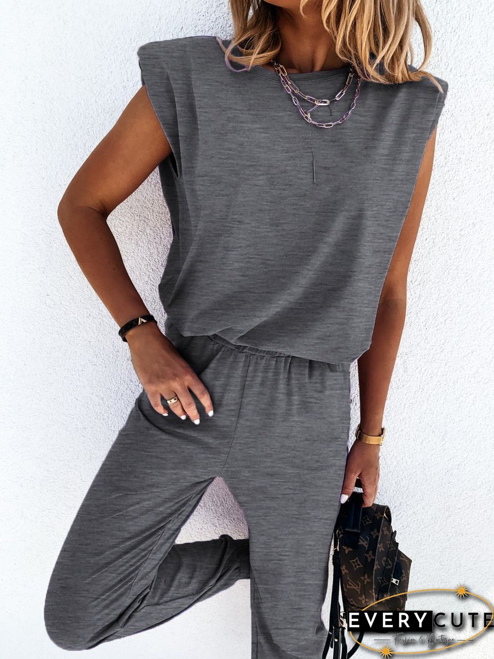 Women'S Sets Solid Sleeveless Padded Tank Top & Pants Two Piece Set