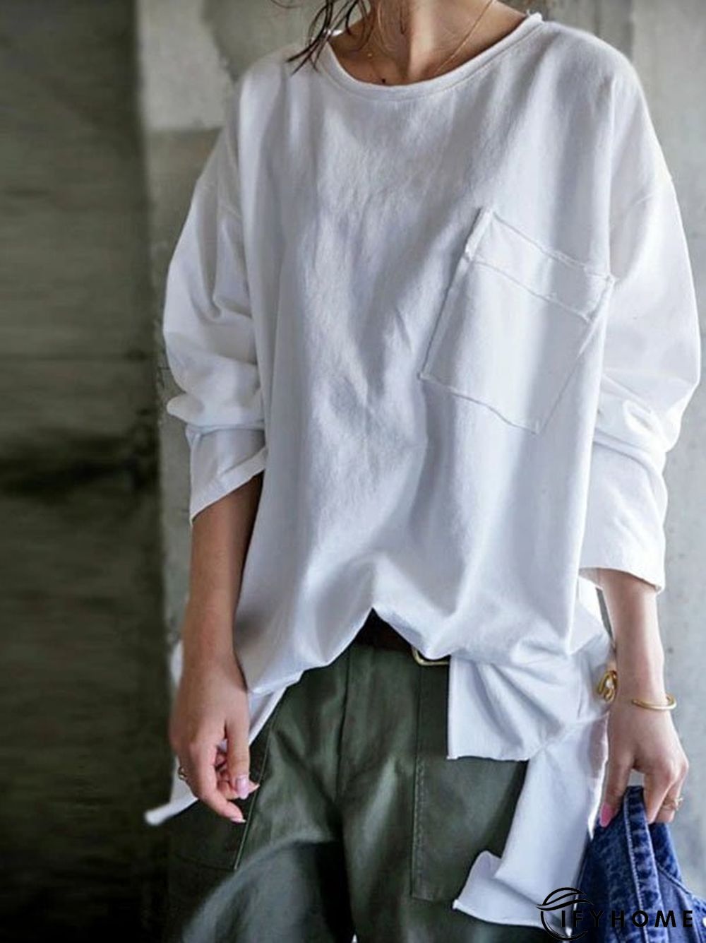 Long Sleeve Pockets Solid T-shirt | IFYHOME
