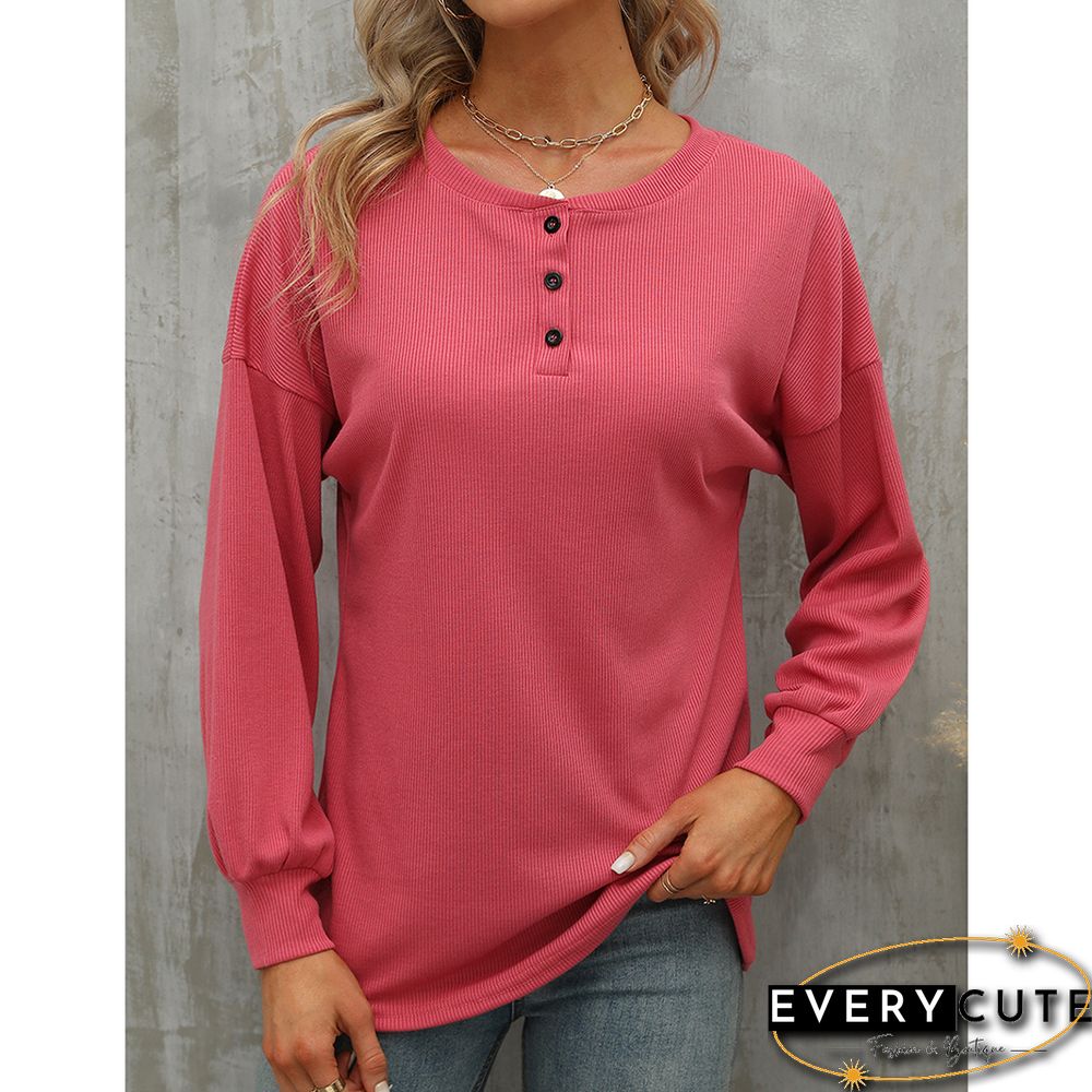Pink Button-up Drop Shoulder Puff Sleeve Tops