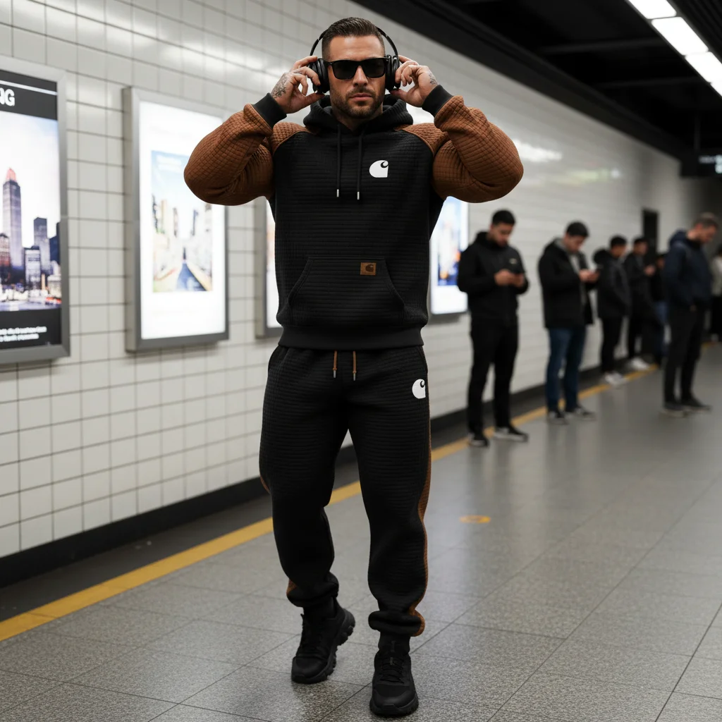 Men's Vintage Black Brown Waffle Quilted Plaid Pocket Hoodie And Sweatpants Jogger Set