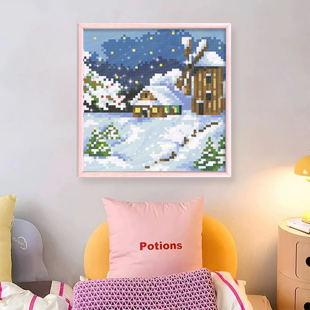 9CT Full Stamped Cross Stitch Bead Embroidery - Landscape Winter(Canvas|17*17CM)