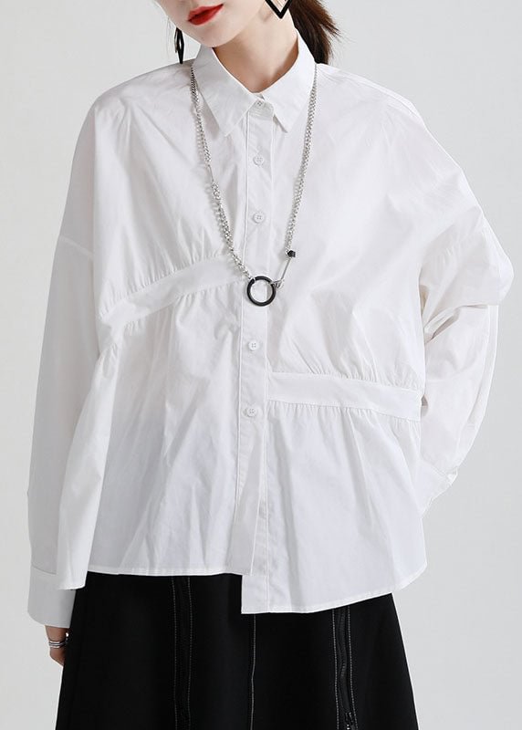 Modern White PeterPan Collar Button Patchwork Asymmetrical Design Fall Top Long Sleeve CK2590- Fabulory