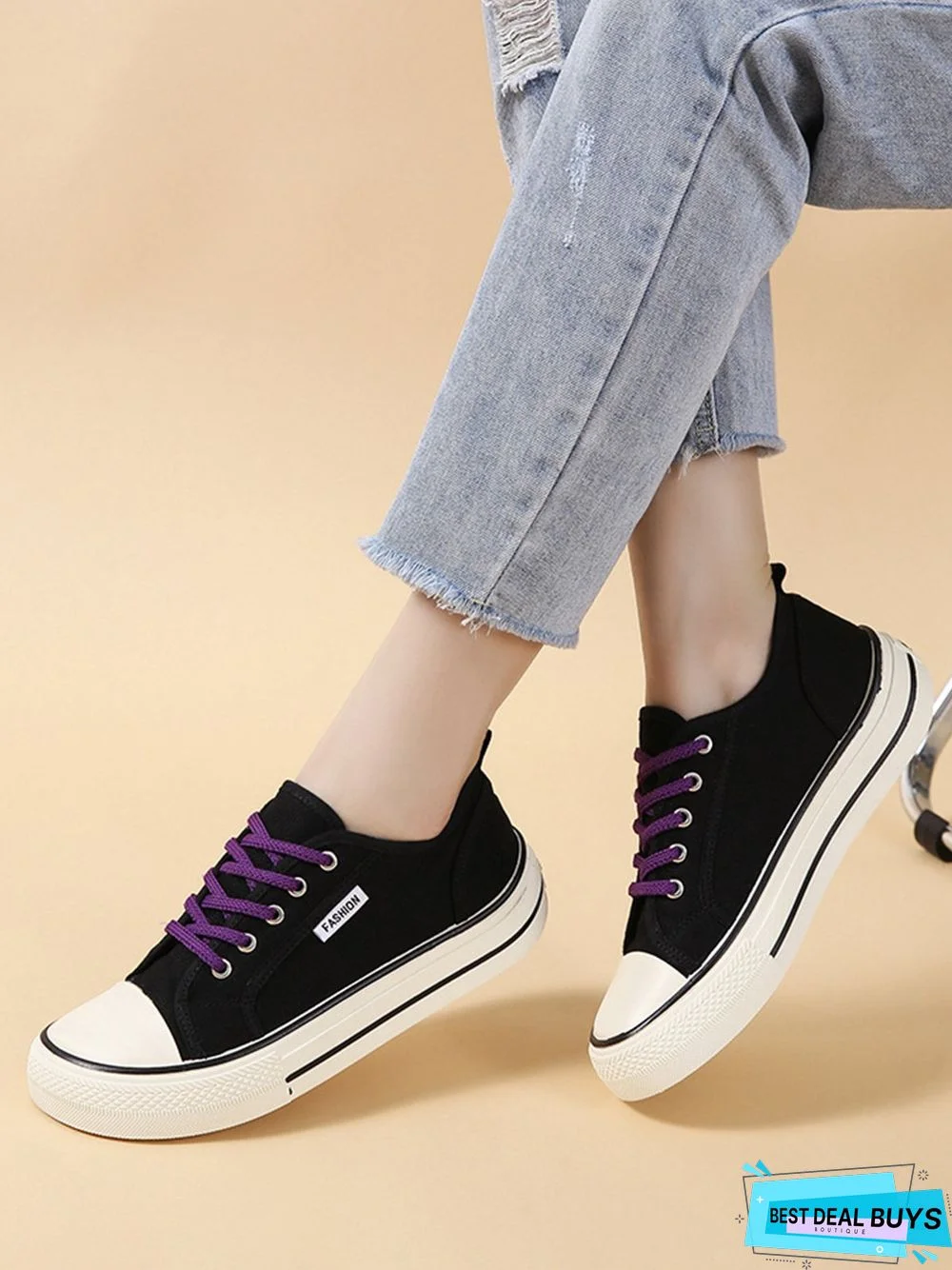 Casual Plain Color Split Joint Comfy Square Toe Lace-Up Canvas Shoes