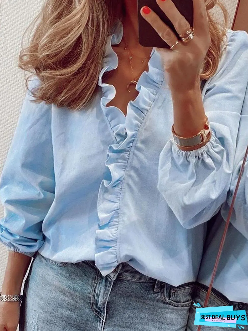 Casual Ruffled V neck Long Sleeve Top