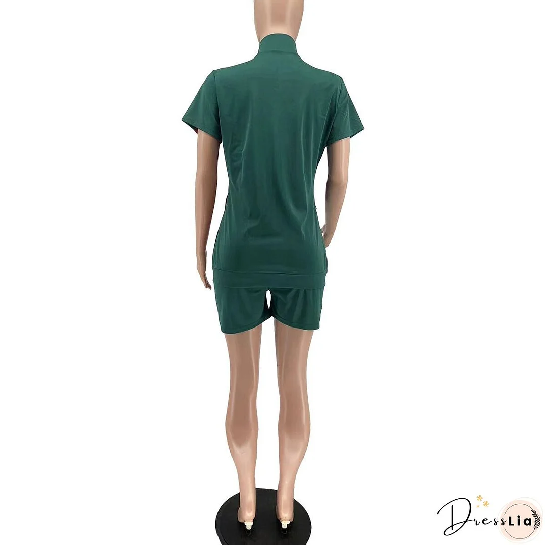 Women's Sports Casual Fashion Zip Pocket Top Shorts Two-Piece Set