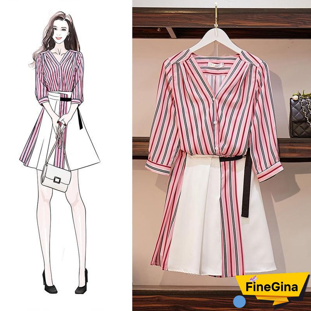 Fashion Stripe Blouse + Splice Skirt P11718