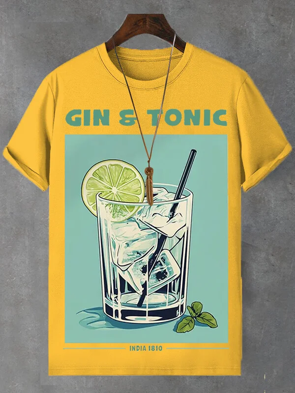 Men's Gin And Tonic Illustration Print Cotton Casual T-Shirt
