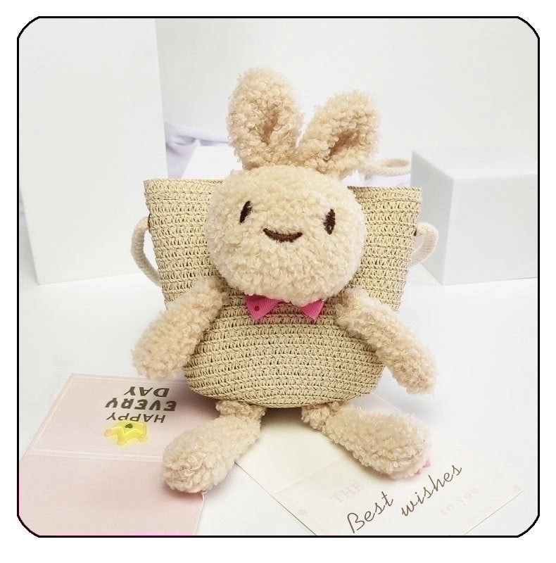 Kid’s Straw Animal Bear Cute Square Zipper Crossbody Bag Straw Bag Coin Purse