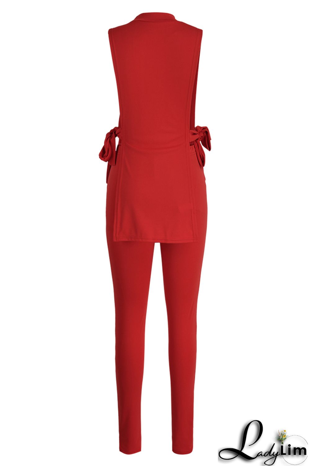 Red Fashion Casual Solid Bandage Slit Half A Turtleneck Sleeveless Two Pieces