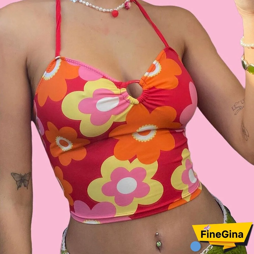 Flower Printing V-Neck Lace-Up Midriff Crop Tops Summer Women Casual Wild Home Clothing Streetwears