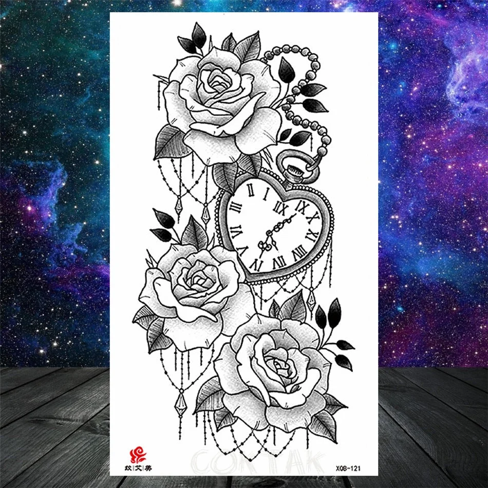 Lotus Flower Temporary Tattoo For Women Girls Snake Peony Lily Rose Chains Tattoos Sticker Black Blossom Fake Transferable Tatoo