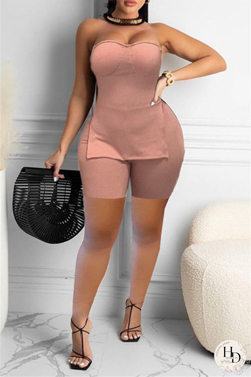 Coral Powder Sexy Casual Solid Backless Slit Strapless Sleeveless Two Pieces