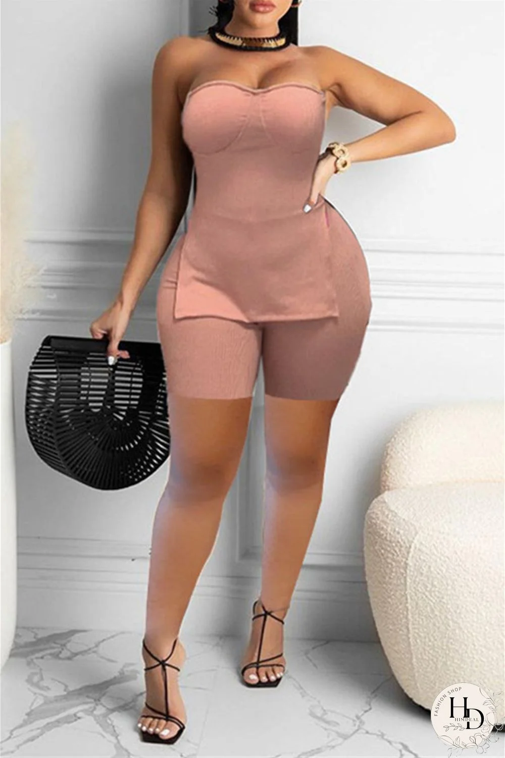 Coral Powder Sexy Casual Solid Backless Slit Strapless Sleeveless Two Pieces