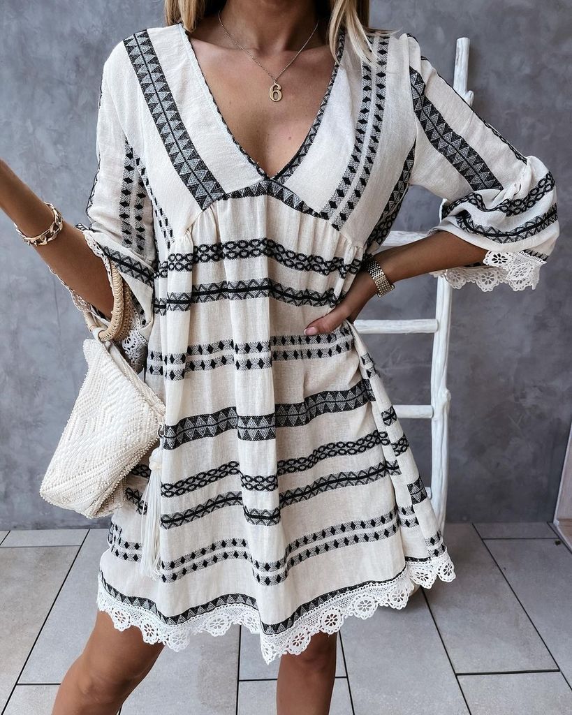 Vintage V-Neck 3/4 Sleeve Mini Dress-vocosishoes