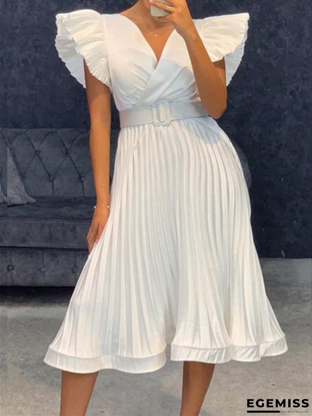 Women's Sexy V-neck Fly-sleeve Pleated Dress White Dresses | EGEMISS