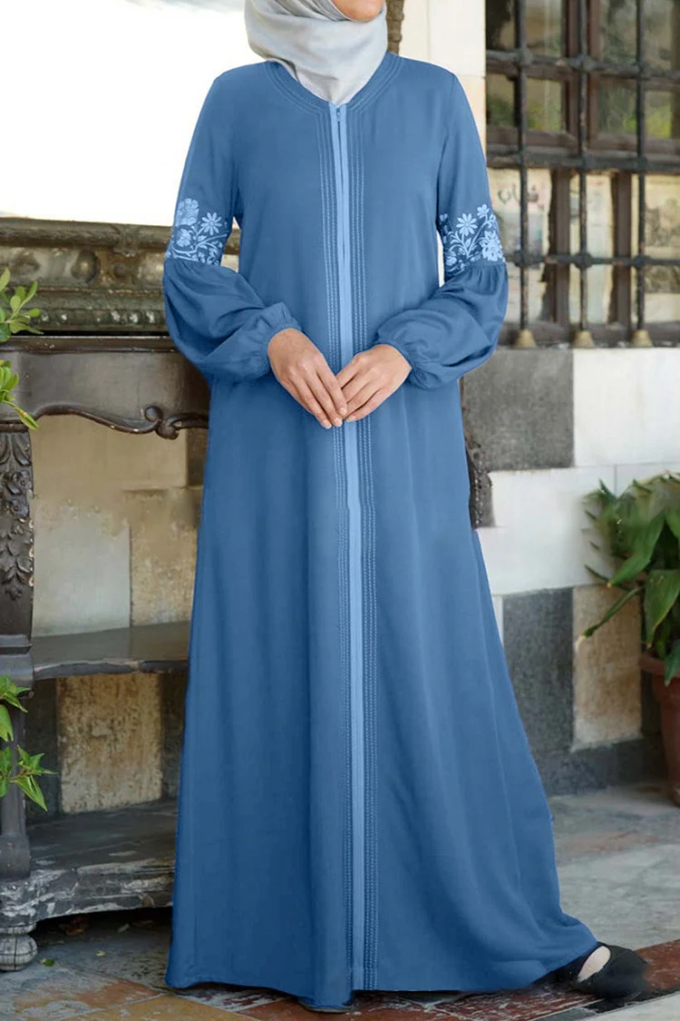 Ethnic V Neck Zipper Lantern Sleeve Embroidery Robe Maxi Dress