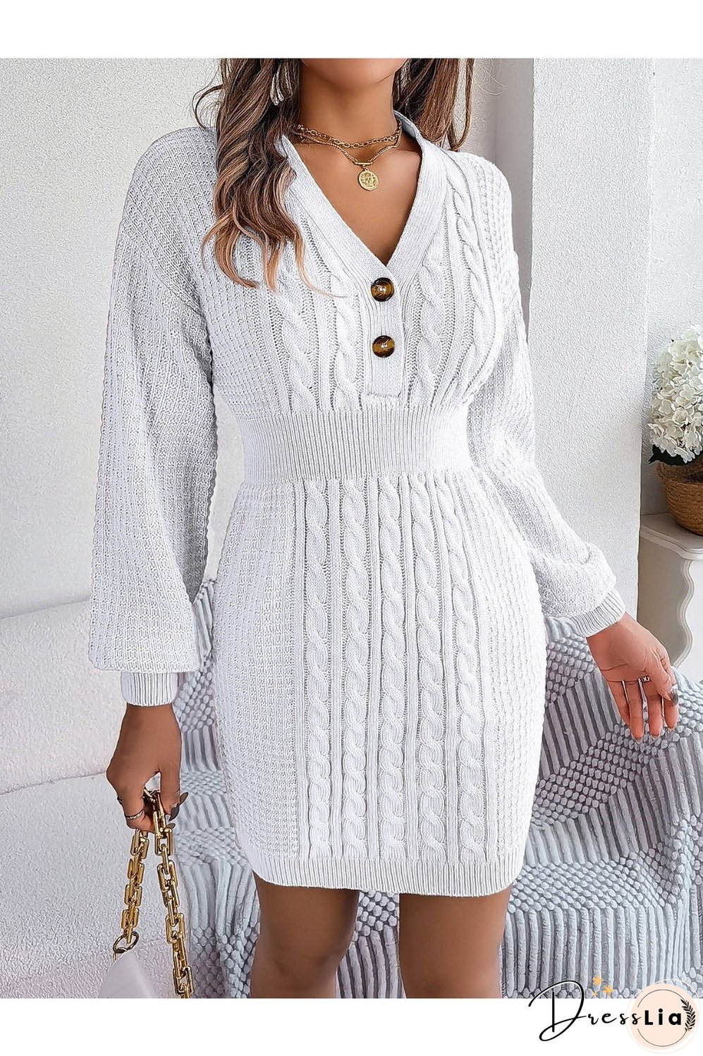 Buttoned Cable-Knit V-Neck Sweater Dress