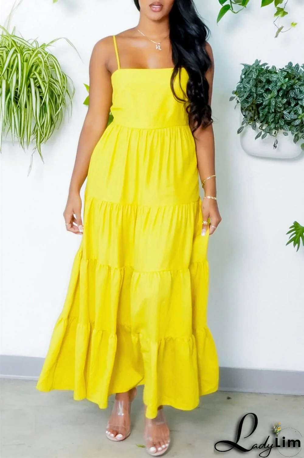 Yellow Fashion Casual Solid Backless Spaghetti Strap Long Dress