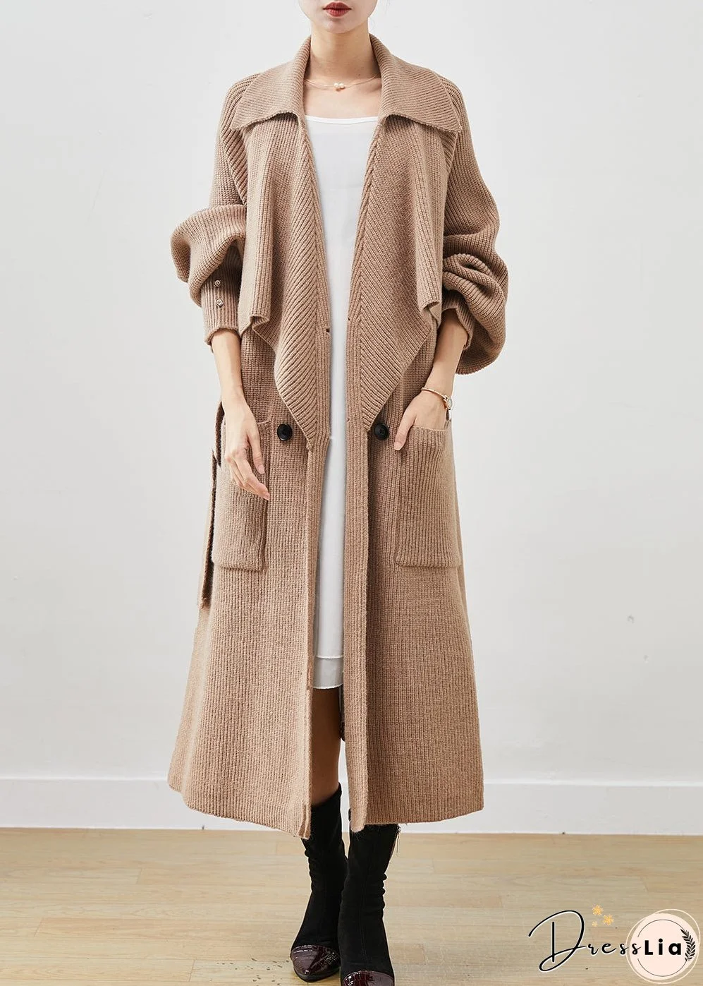 Simple Khaki Notched Oversized Pockets Knit Trench Spring