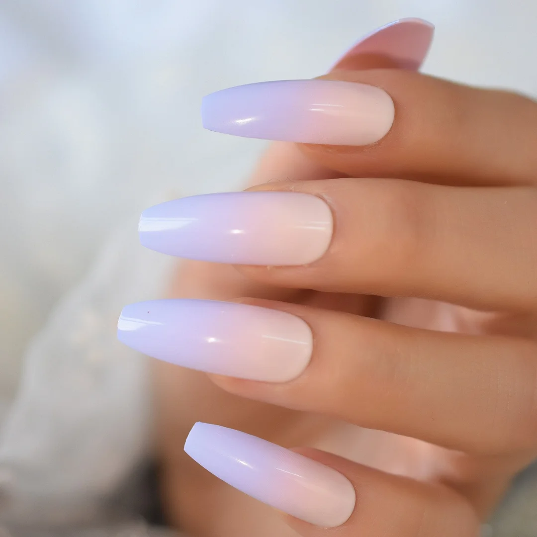 Ombre French Tip Extra Long Ballerina Shape False Press on Natural Nails White Gradient Nude Coffin Tips with Adhesive Tabs 24-Nail Inspo