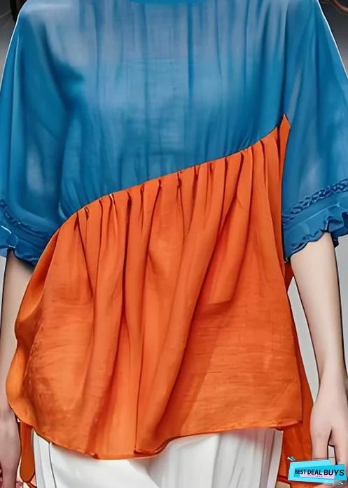 Plus Size Colorblock O Neck Wrinkled Patchwork Cotton Top Summer