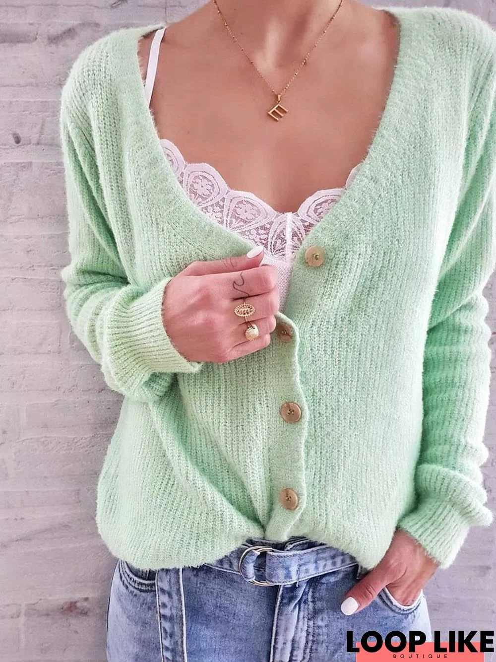 Plus Size Casual Long Sleeve Solid V Neck Knitted Sweater