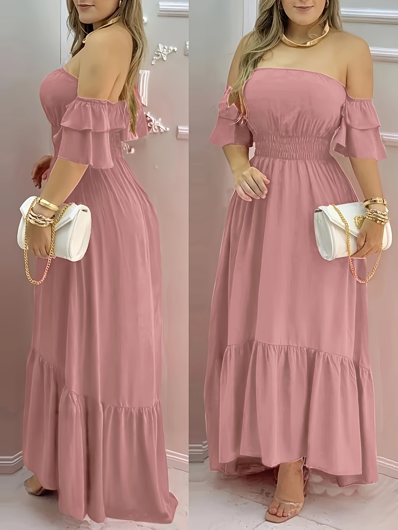 Women's Elegant Off-Shoulder Ruffle Sleeve Maxi Dress - Light Pink, Flowy Summer Dress With Golden Accents, Perfect For Beach And Casual Events, Beach Dress | Ruffle Sleeve Dress | Elegant Offshoulder Style, Beach Dresses