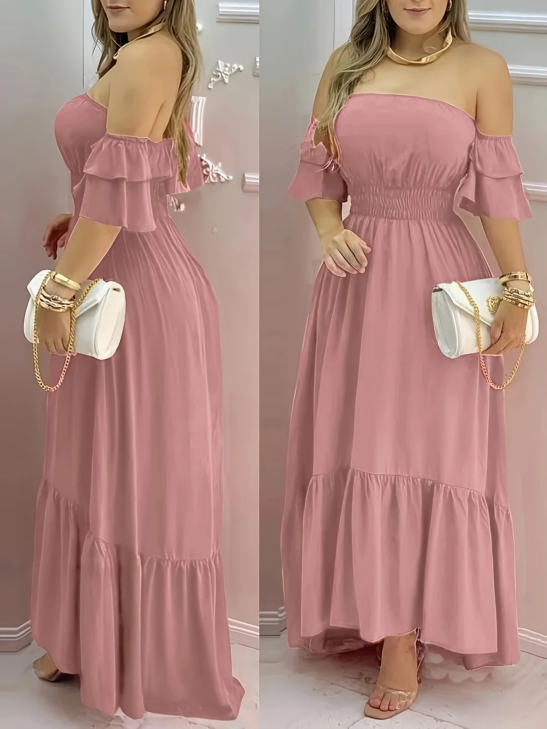 Women's Elegant Off-Shoulder Ruffle Sleeve Maxi Dress - Light Pink, Flowy Summer Dress With Golden Accents, Perfect For Beach And Casual Events, Beach Dress | Ruffle Sleeve Dress | Elegant Offshoulder Style, Beach Dresses
