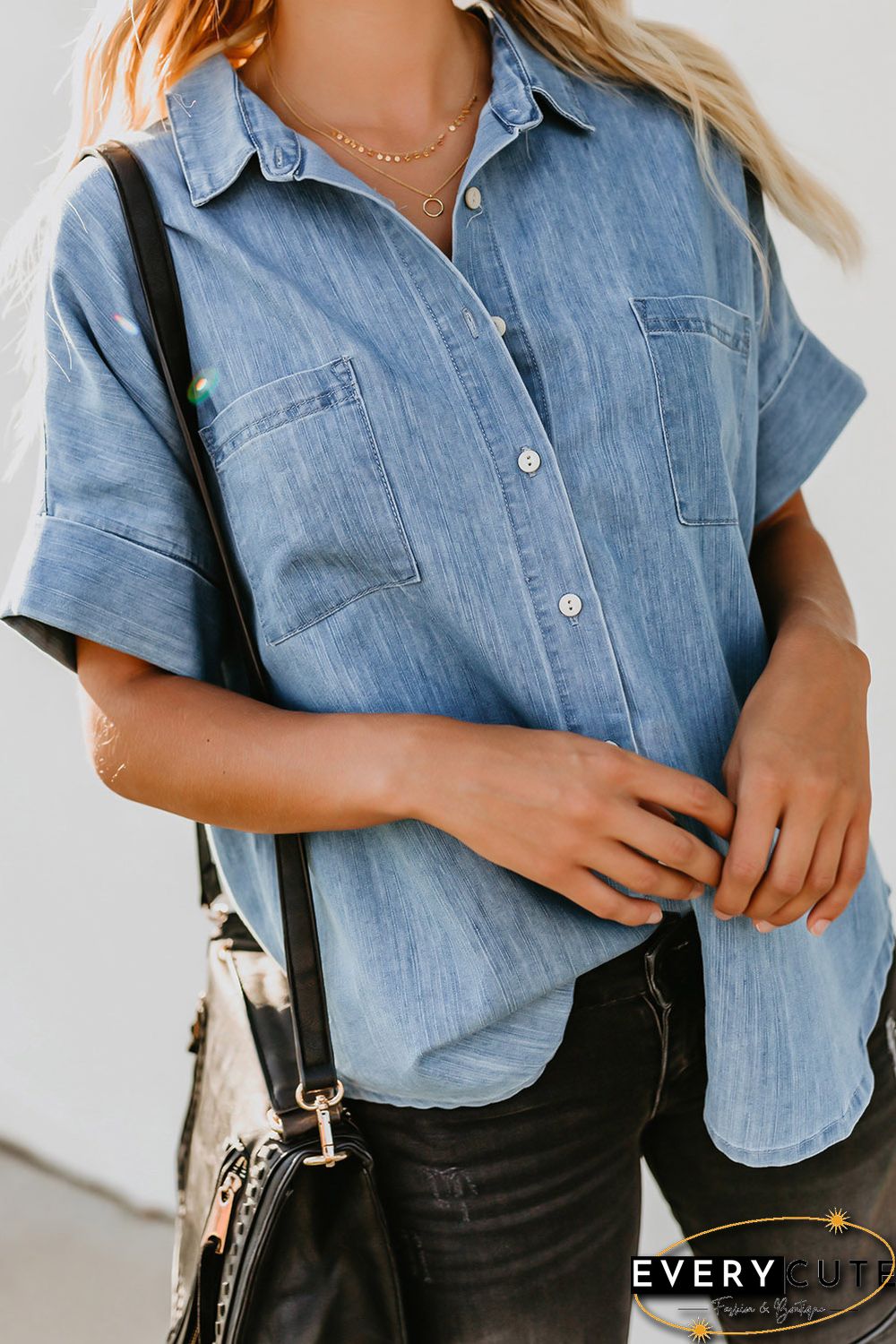 Light Blue Turn-down Collar Short Sleeve Denim Shirt