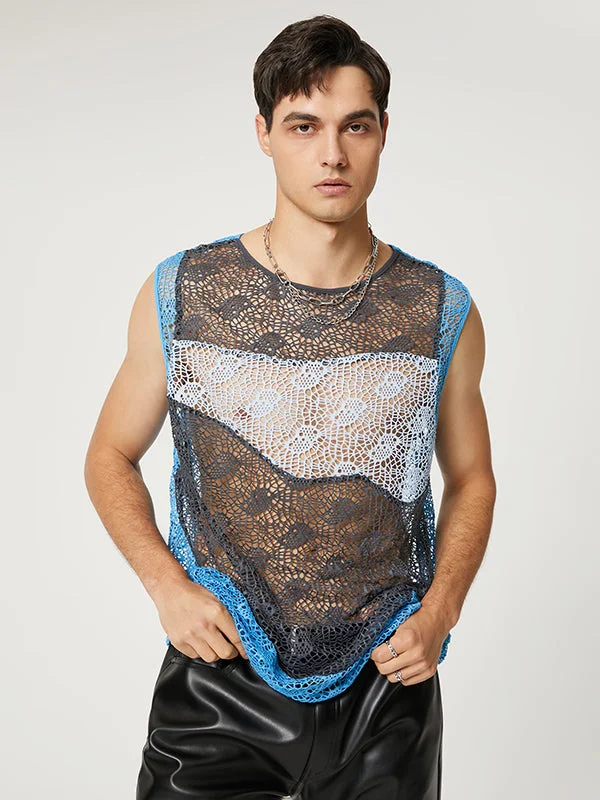 Aonga - Mens Lace Hollow Out Color Block VestJ