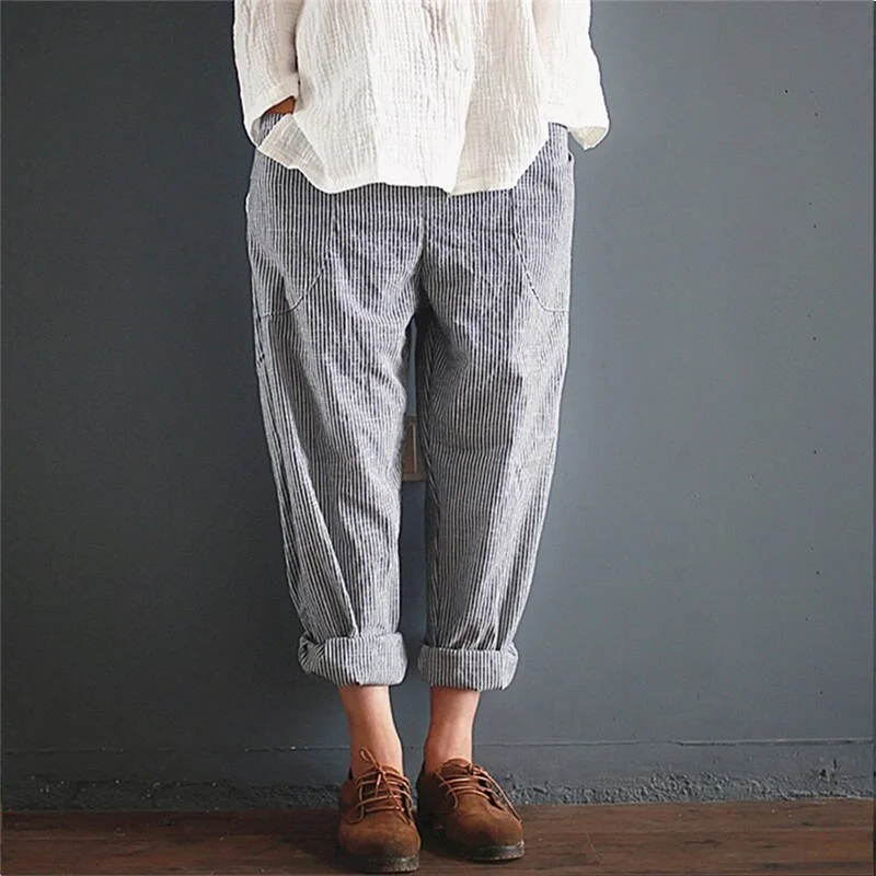 2019 Autumn Women Pants Casual Linen Loose Elastic Waist Striped Full Length Pocket Straight Pants Female Trousers Plus Size