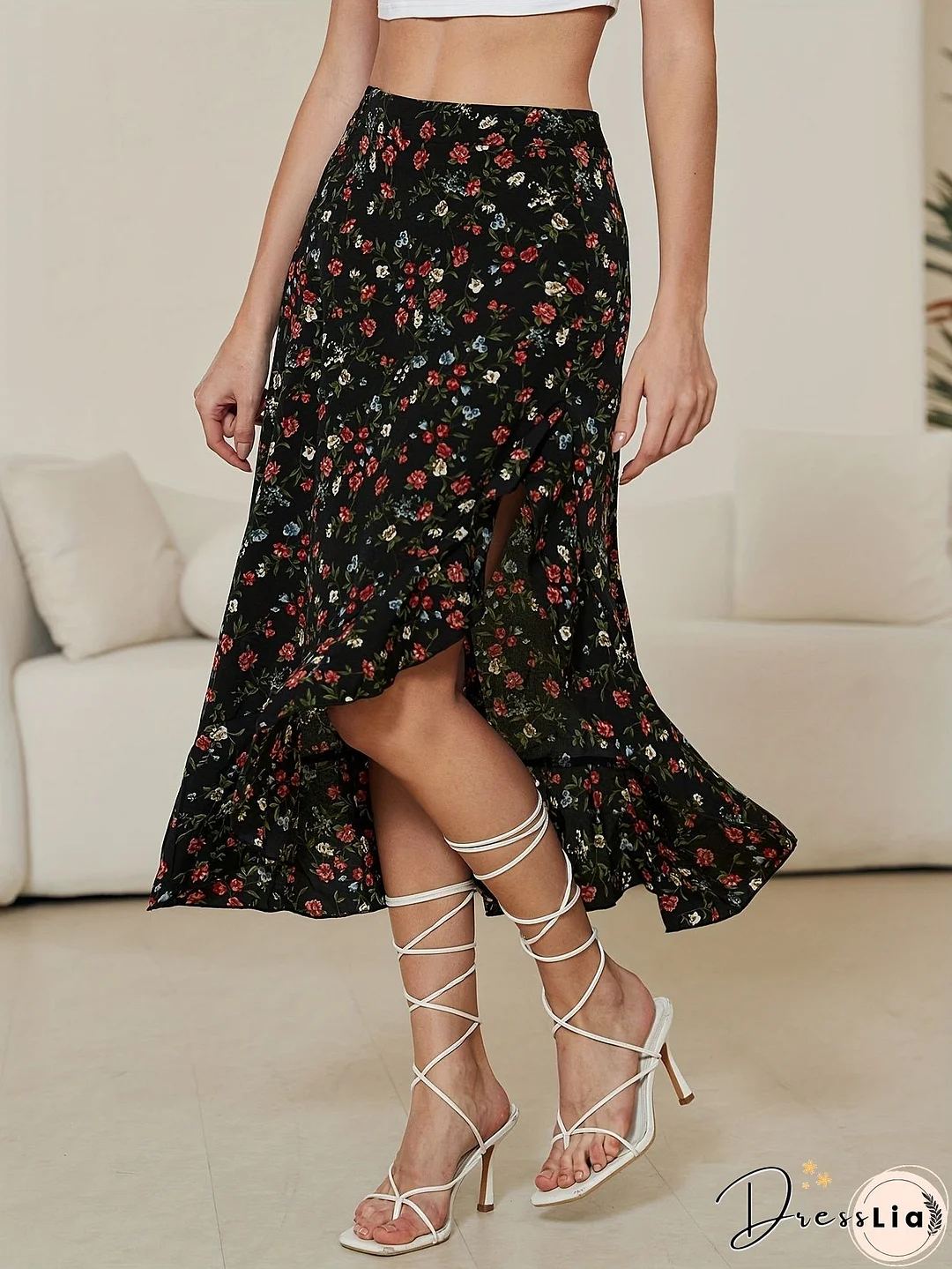 Floral Print High Waist Skirt, Cute Asymmetrical Skirt For Spring & Summer, Women's Clothing