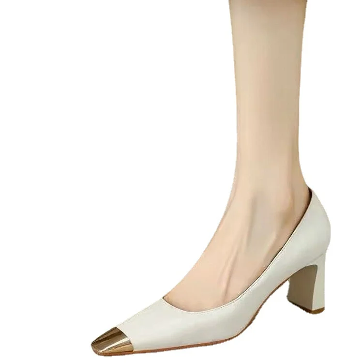 Churchf Churchf Shoes Korean Version Thick With Niche Design Metal Head Square Head Temperament Socialite Shallow High-Heeled Shoes Four Seasons Shoes