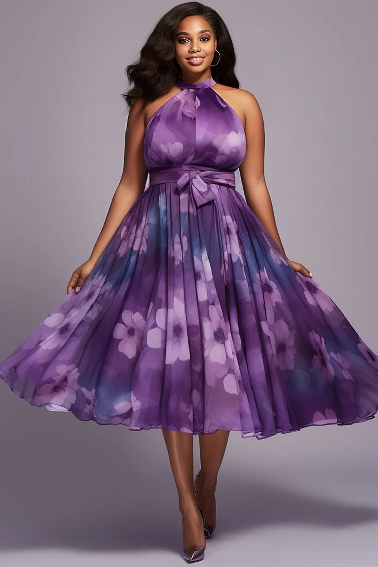 Xpluswear Design Plus Size Wedding Guest Purple Elegant Floral Halter Collar Chiffon Midi Dresses [Pre-Order] 2024 - Xpluswear