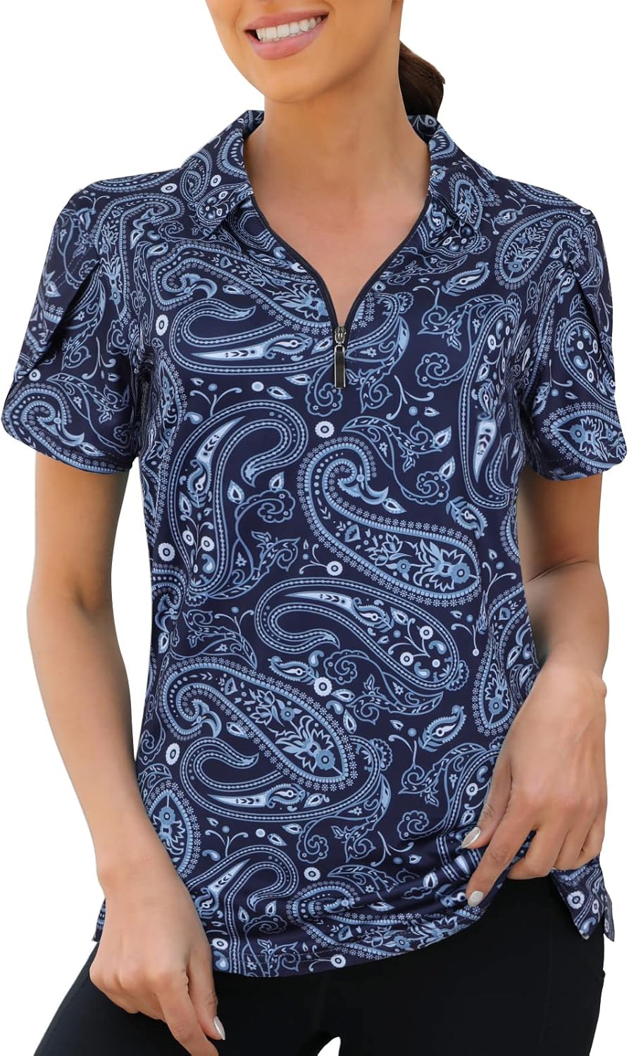 Womens Golf Polo Shirts 1/4 Zip Up Overlap Short Sleeve Quick Dry Workout Tops