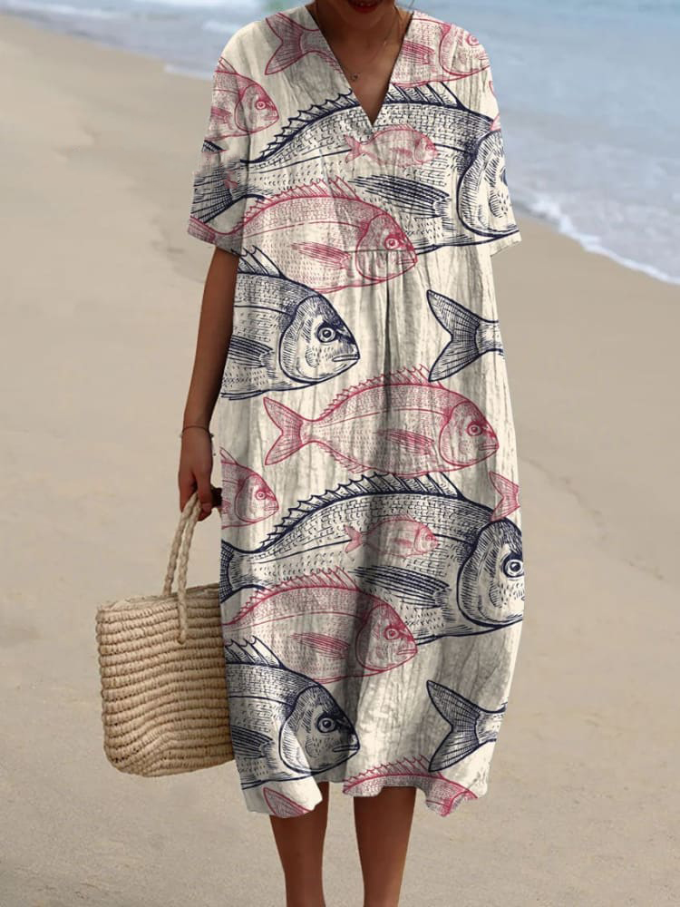 Women's Vintage Lovely Fish Art Print Flowy Dress