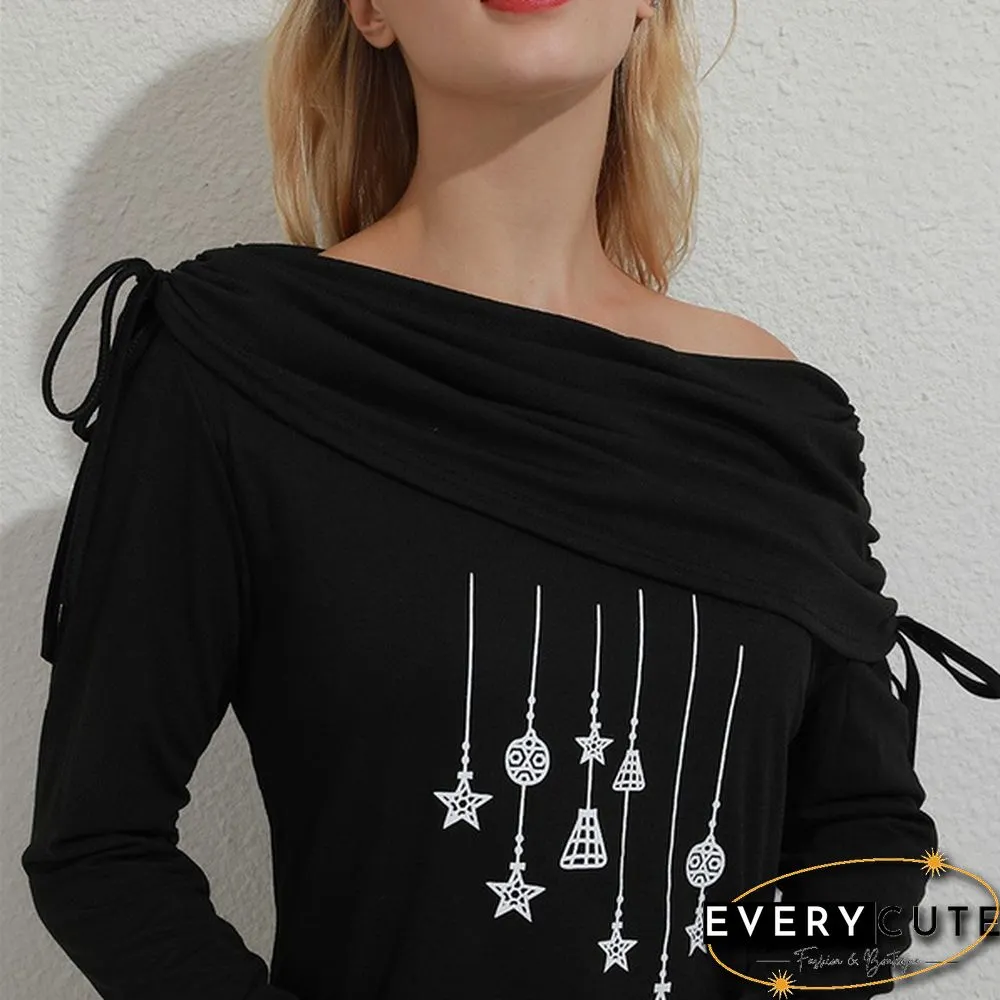 Fashion Women Christmas Dress Santa Claus Snowflake Print Foldover Collar Ruched Irregular