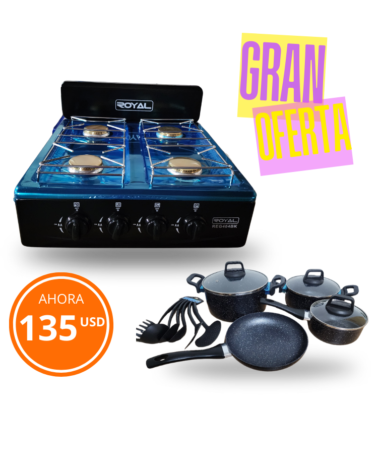 COMBO COCINA 4 HORNILLAS ROYAL + SET DE CAZUELAS