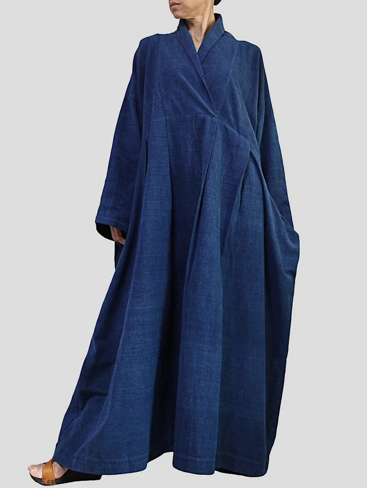 Fashionable Lapel Collar Solid Loose Long Sleeve Robe Maxi Dress