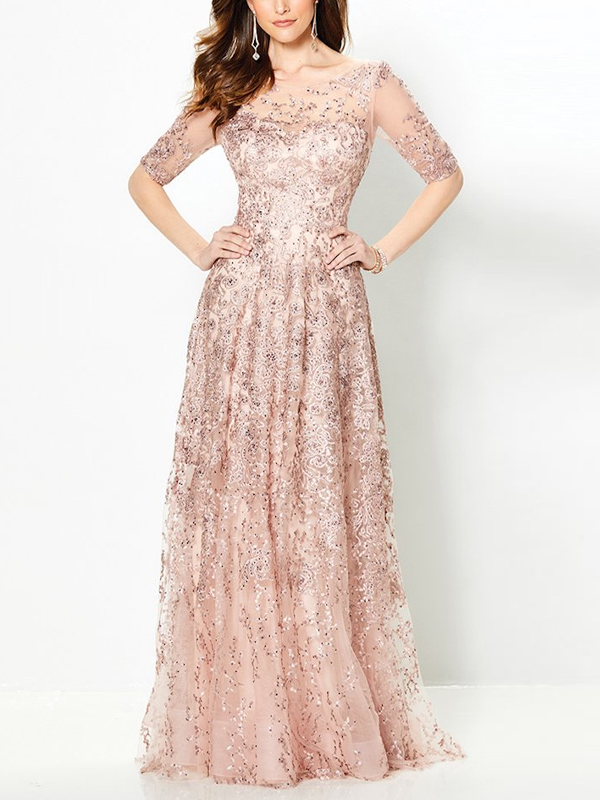 Round Neck Lace Solid Color Maxi Dress