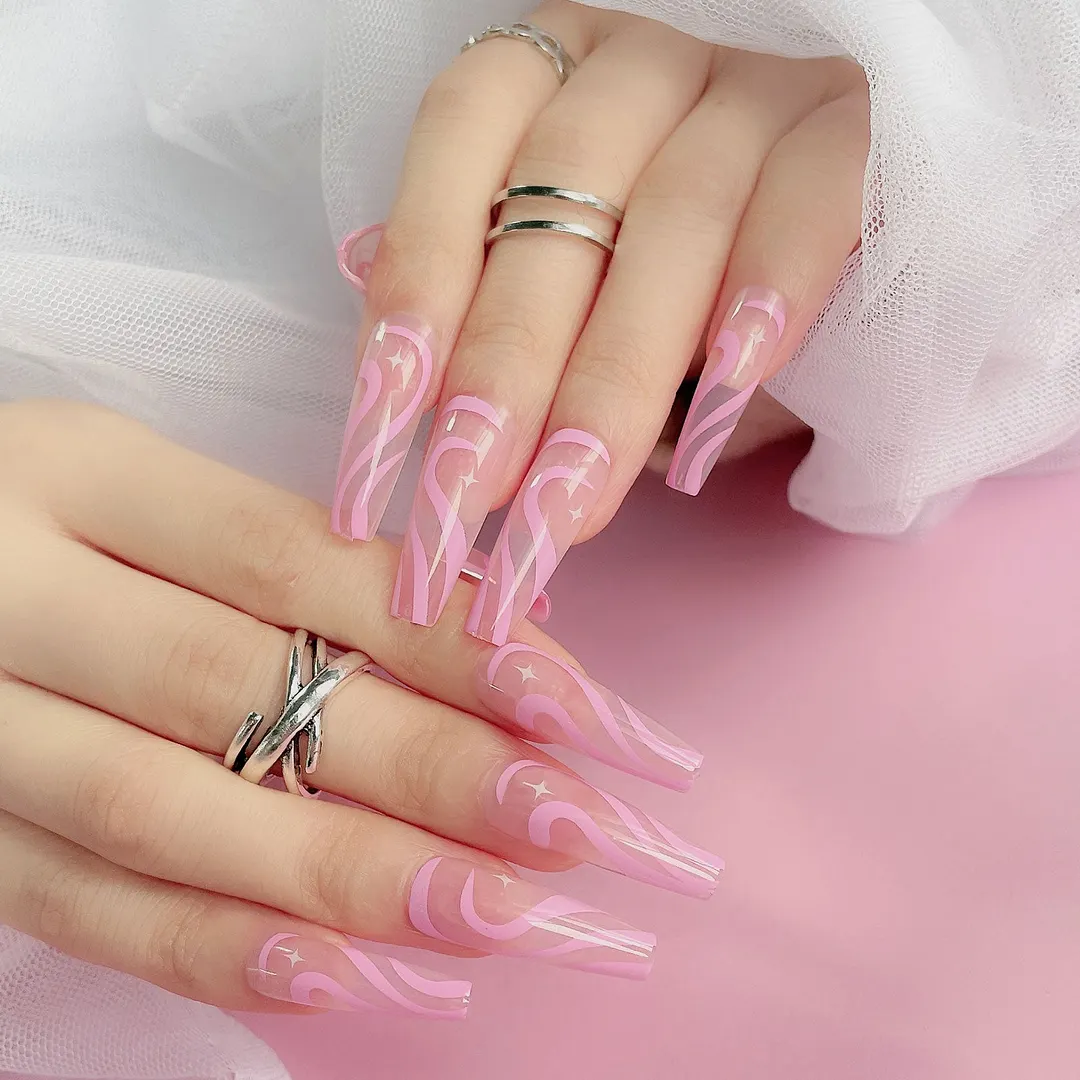 24pcs Long Coffin False Nails Wearable Ballerina Fake Nails Orange gradient gold foil nails Full Cover Nail Tips Press On Nails-Nail Inspo