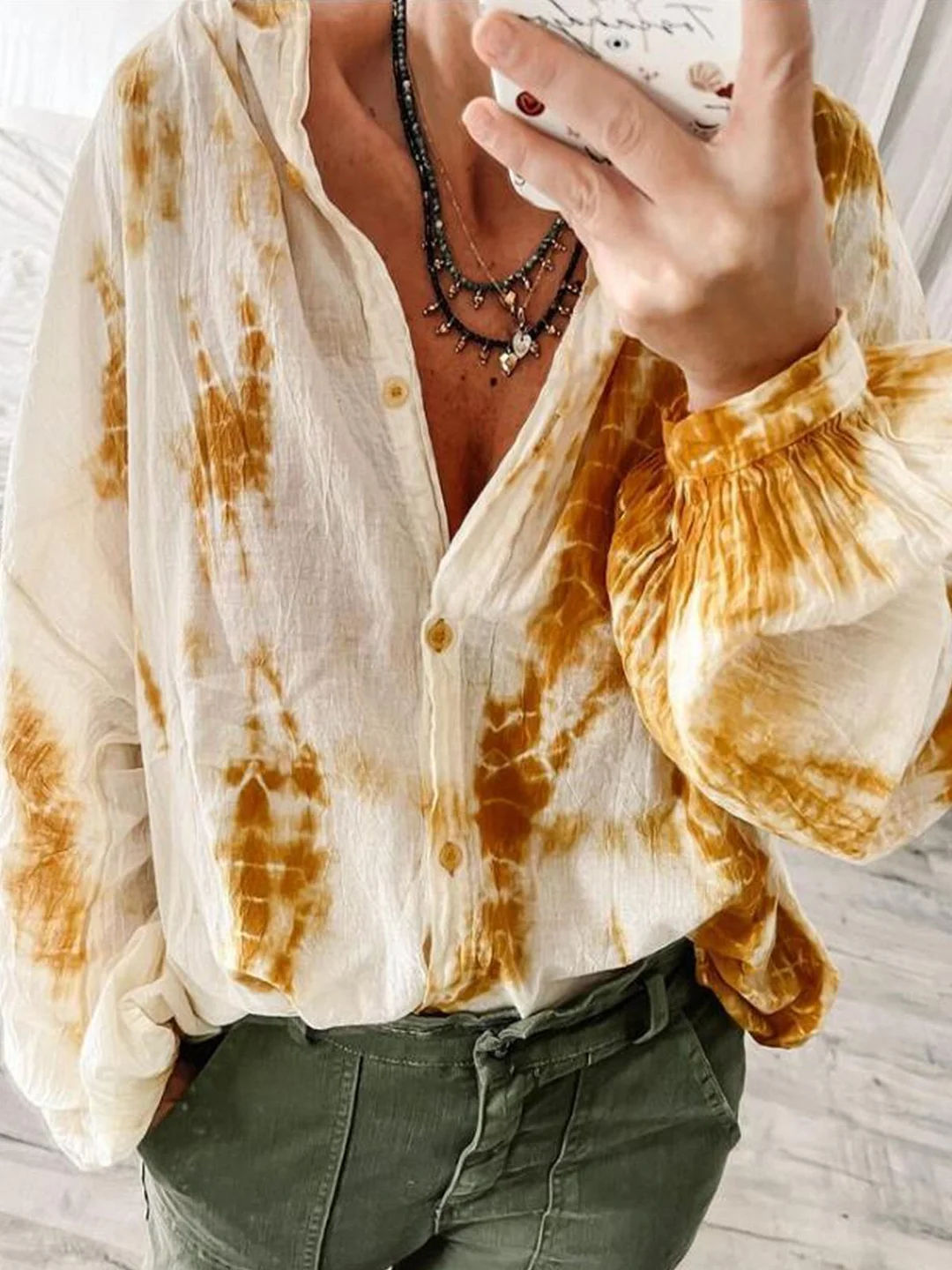 Buttoned Ombre Stand Collar Casual Blouse