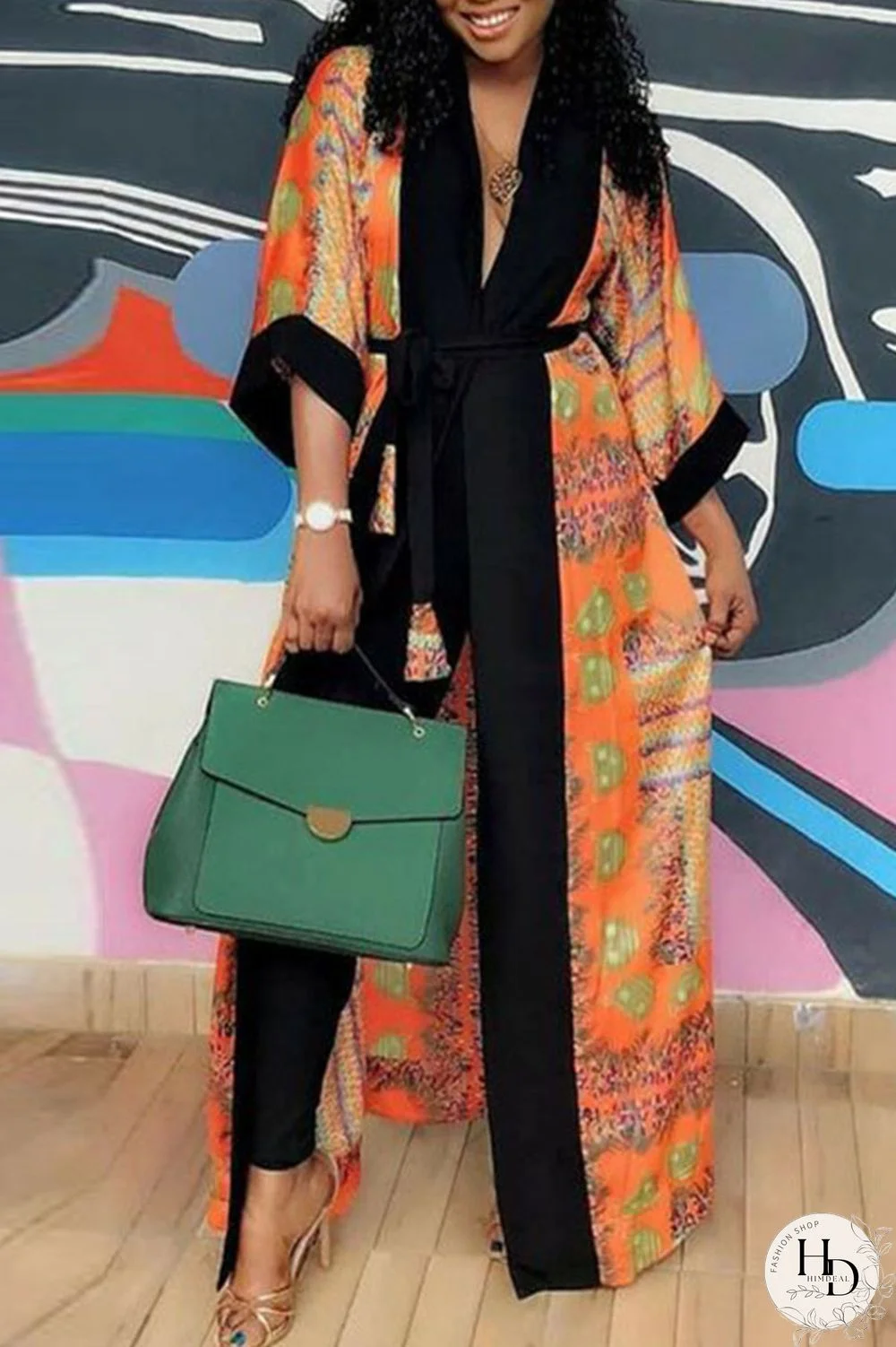 Tangerine Casual Print Bandage Split Joint Outerwear