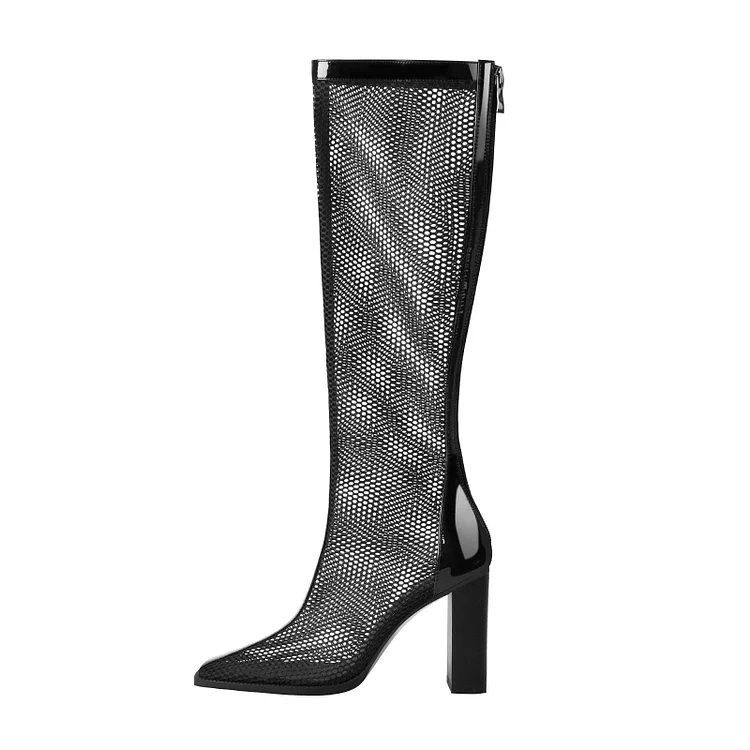 Mesh Pointed Toe Knee High Boots